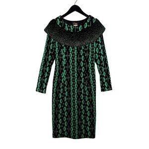 Vintage Elite Champagne Emerald City Green Black Rhinestone Sheath Dress Size 6